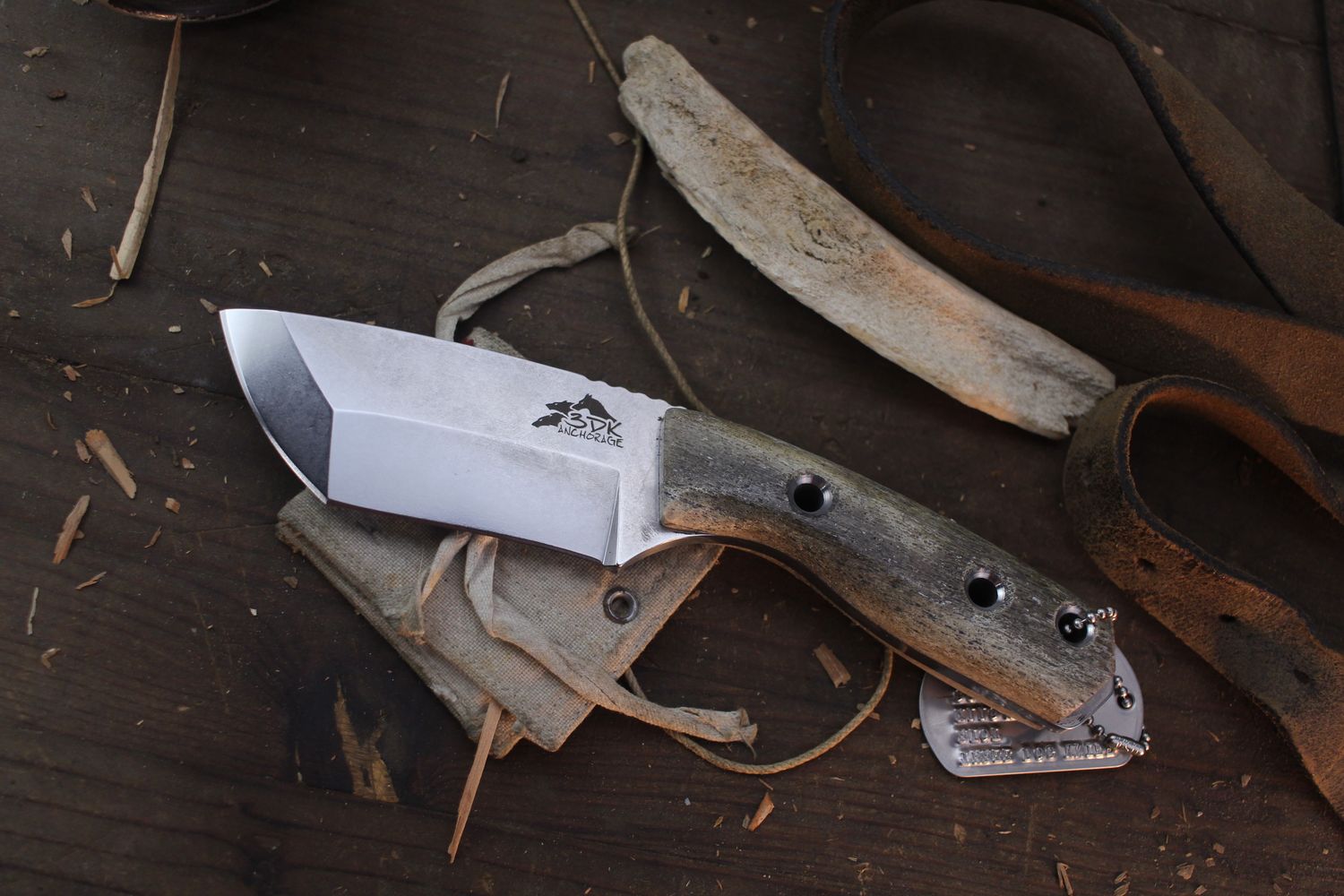 3DK Riot 3.7&quot; Fixed Modified Tanto, Stonewashed K110 Blade / Elk Handle