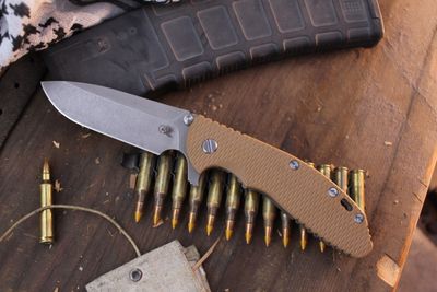 Hinderer Knives XM-24 4&quot; Swedged Spearpoint Framelock Flipper / Tan G-10 &amp; Working FInish Ti / Acid Washed 20CV ( Pre Owned )