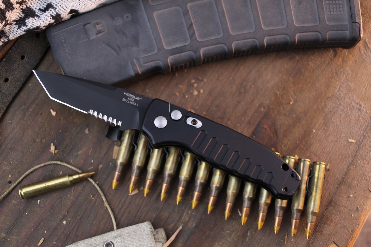 Hogue Ballista Tanto 3.5&quot; Button Lock Auto Folder / Black Aluminum / Black Serrated 154CM ( Pre Owned )