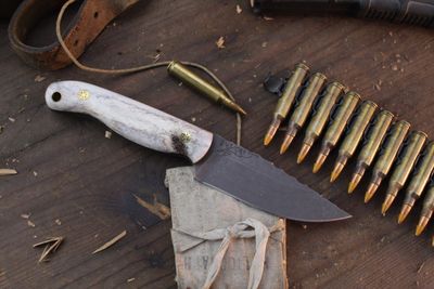 HFB Custom NK Exclusive  Featherlight #2 3.35” Fixed Blade / Moose Antler &amp; Mosaic Pins / Acid Washed S45VN