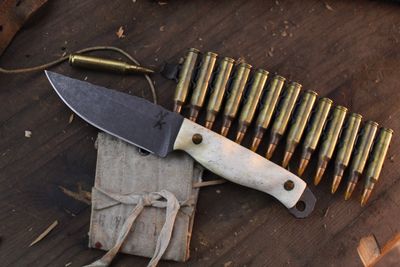 HFB Custom NK Exclusive  Featherlight #1 3.35” Fixed Blade / Caribou Antler &amp; Mosaic Pins / Acid Washed S45VN