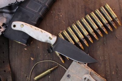 HFB Custom NK Exclusive  Featherlight #3 3.35” Fixed Blade / Moose Antler &amp; Mosaic Pins / Acid Washed S45VN