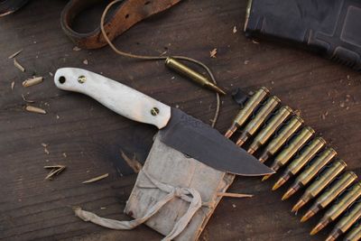 HFB Custom NK Exclusive  Featherlight #3 3.35” Fixed Blade / Caribou Antler &amp; Mosaic Pins / Acid Washed S45VN