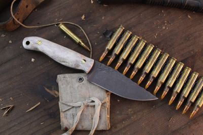 HFB Custom NK Exclusive  Featherlight #1 3.35” Fixed Blade / Moose Antler &amp; Mosaic Pins / Acid Washed S45VN