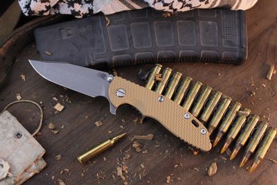 Hinderer XM-18 Skinny Harpoon Spanto 3.5&quot; Framelock Flipper / Tan G-10 &amp; Battle Bronze Ti / Working Finish MagnaCut