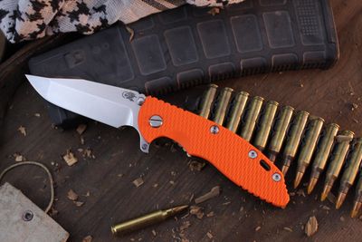 Hinderer XM-18 Skinny Harpoon Spanto 3.5&quot; Framelock Flipper / Orange G-10 &amp; Stonewashed Bronze Titanium / Stonewashed MagnaCut