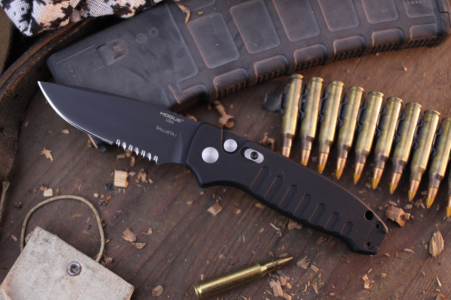 Hogue Ballista Drop Point 3.5&quot; Button Lock Auto Folder / Black Aluminum / Black Serrated 154CM ( Pre Owned )