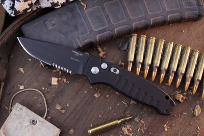 Hogue Ballista Drop Point 3.5" Button Lock Auto Folder / Black Aluminum / Black Serrated 154CM ( Pre Owned )