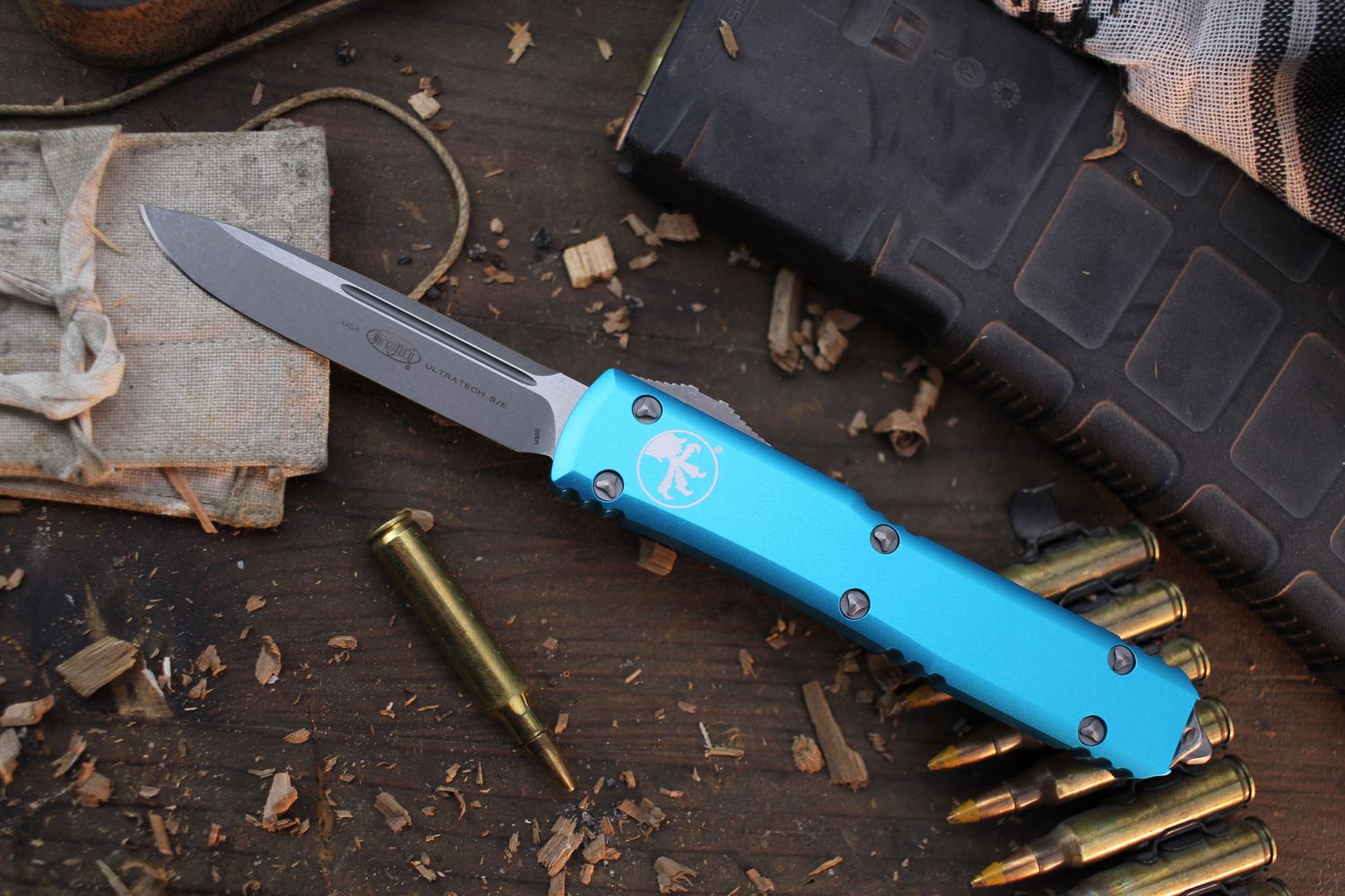 Microtech Ultratech S/E 3.46&quot; OTF AUTO / Turquoise Aluminum / Apocalyptic ( Pre Owned )