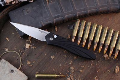 Pro-Tech Newport 3&quot; Automatic Folder / Black 3D Wave Aluminum &amp; Pearl Inlaid Button / Stonewashed S35VN ( Pre Owned )