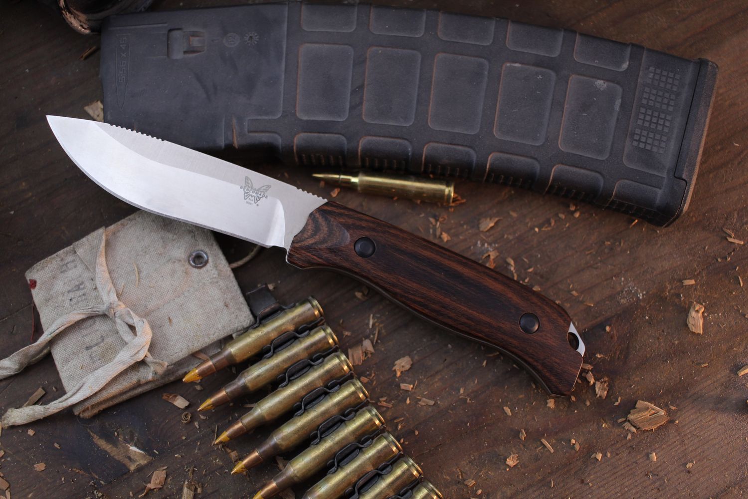 Benchmade Saddle Mountain 4.17&quot; Skinner Fixed Blade Knife / Dymond Wood / Satin S30V With Custom Sheath ( Pre Owned )