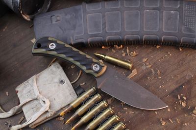 Half Face Blade Cav Jr. 3.5" Fixed Blade / OD Green &amp; Black Fluted G-10 / Acid Washed S45VN