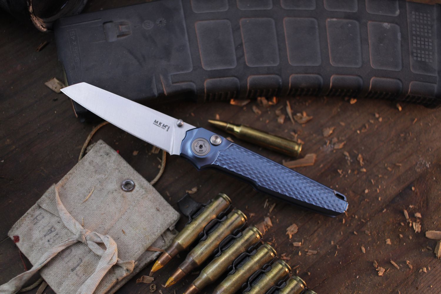 MKM LionSTEEL S.T. Miura 2.72&quot; Button Lock Folder / Blue Integral Titanium / Satin M390 ( Pre Owned )