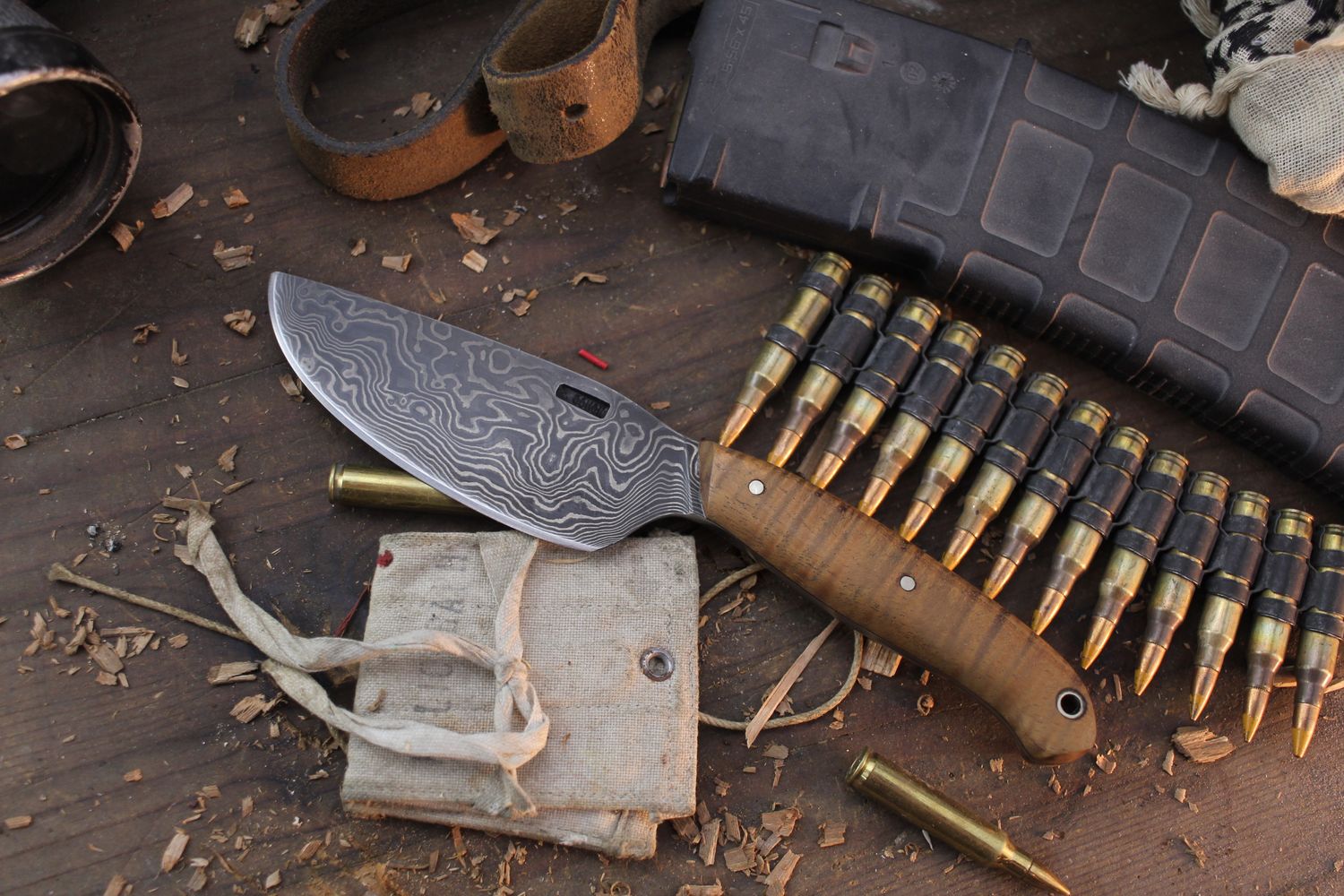 Mark Couch Large 4&quot; Skinner / Birds Eye Maple / Alaskan Forged Damascus ( Pre Owned )