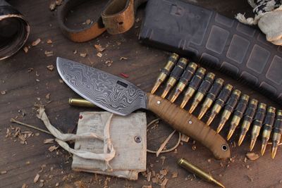 Mark Couch Large 4" Skinner / Birds Eye Maple / Alaskan Forged Damascus ( Pre Owned )