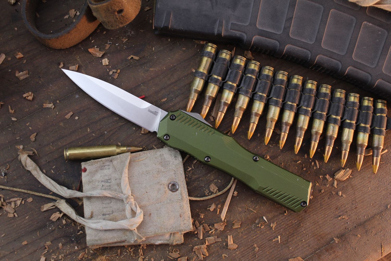 Kershaw Livewire Drop Point 3.3&quot; OTF Auto / OD Green Aluminum / Stonewashed Magnacut ( Pre Owned )