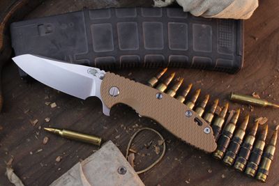 Hinderer Knives XM-18 Sheepsfoot 3.5&quot; Framelock Flipper / Coyote Tan G-10 &amp; Stonewashed Titanium / Stonewashed S45VN