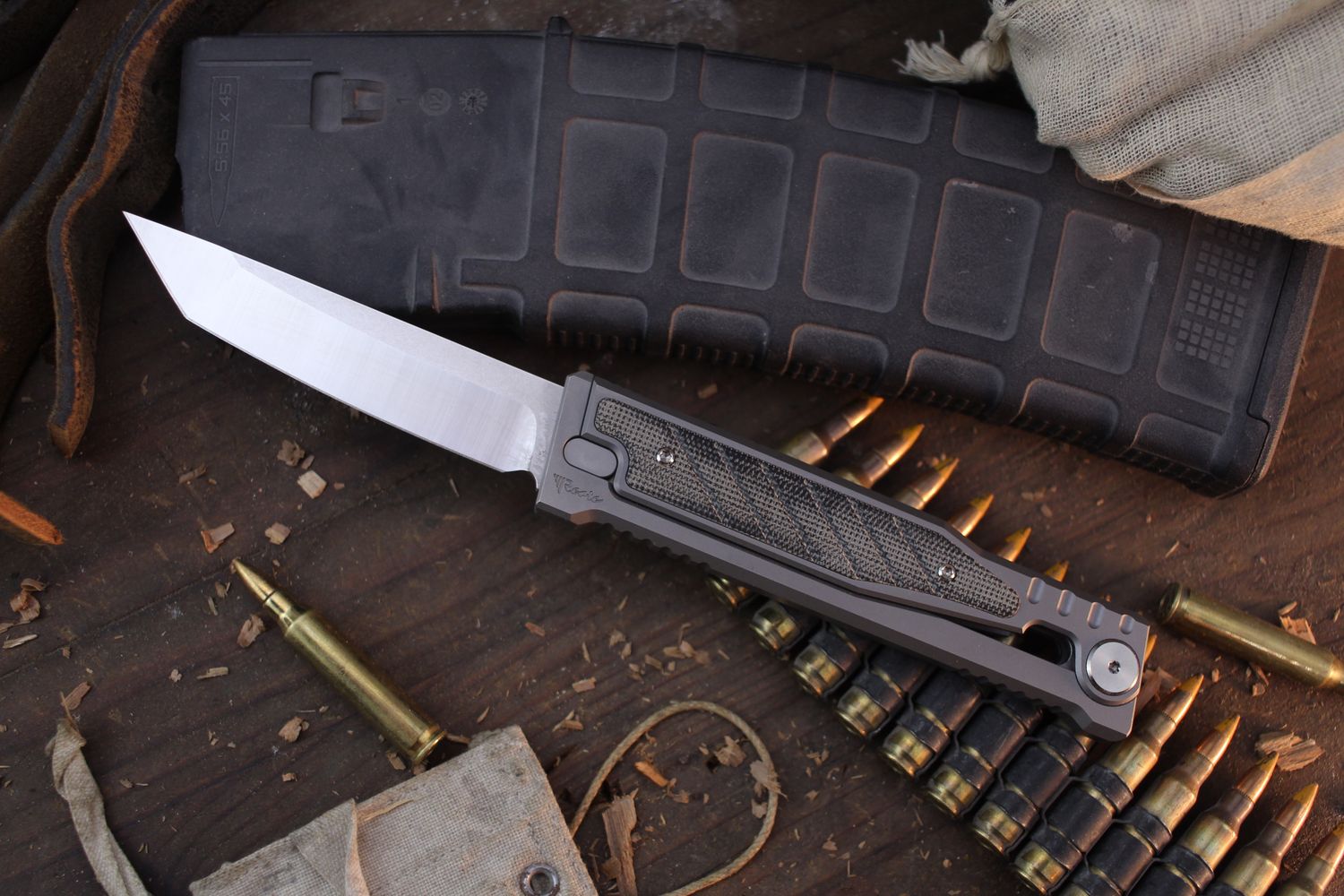 Reate EXO Tanto 3.75&quot; Gravity OTF / Black Micarta &amp; Titanium / Satin Elmax ( Pre Owned )