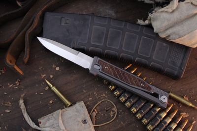 Reate EXO Spear Point 3.75" Gravity OTF / Burlap Micarta &amp; Titanium / Satin Elmax ( Pre Owned )