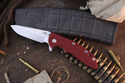 Hinderer XM-18 Spanto 3.5&quot; Framelock Flipper / Red G-10 &amp; Stonewashed Bronze Titanium / Stonewashed S45VN ( Pre Owned )