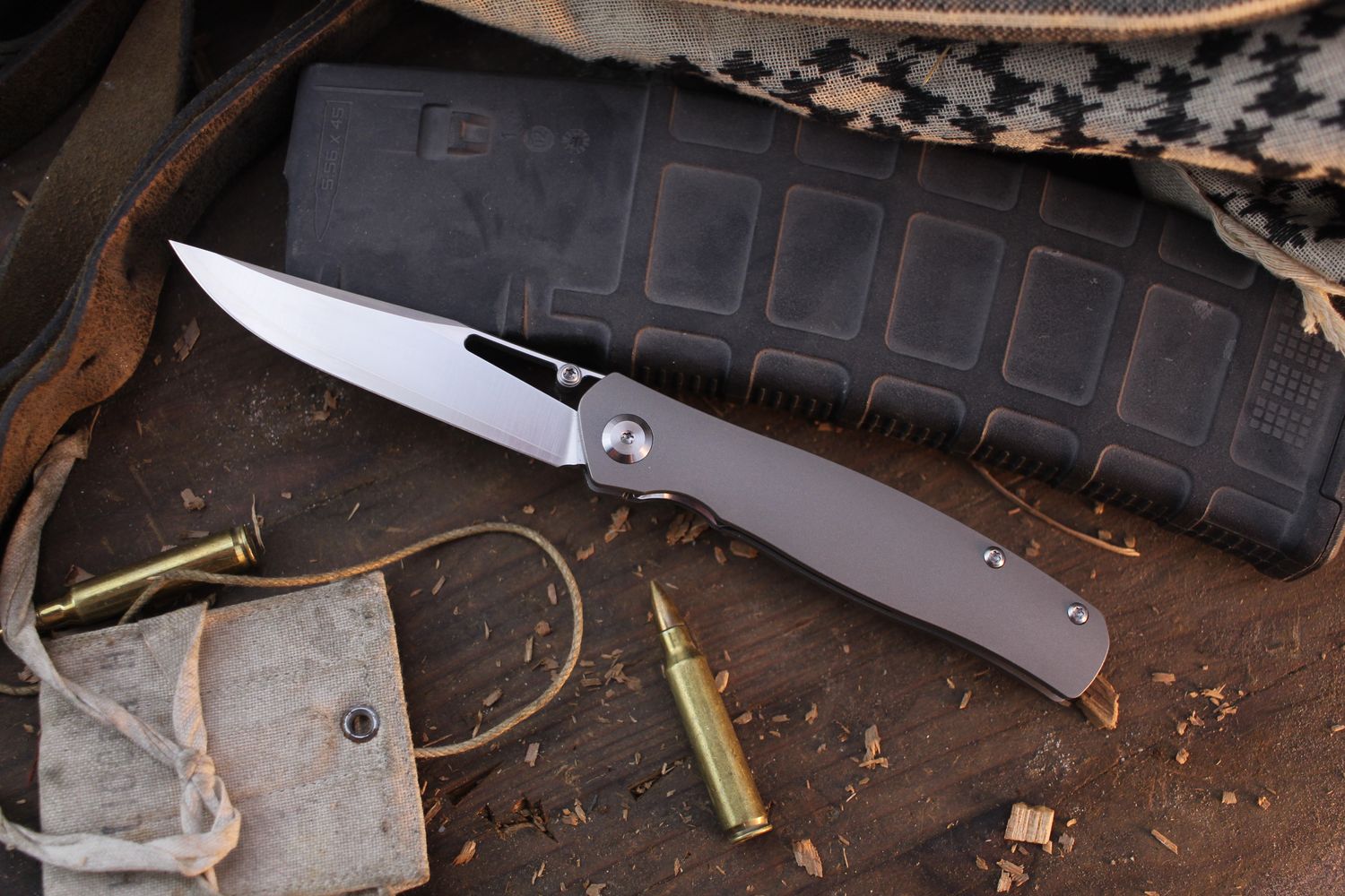 Monterey Bay Knives X S. Owen Design 3.75&quot; Linerlock Folder / Bead Blasted Titanium / Satin ZDP-189 Core San Mai ( Pre Owned )
