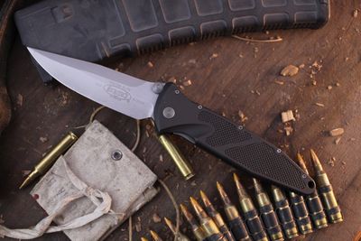 Microtech Vintage 2000  Socom Elite 4" Linerlock Folder / Black Aluminum &amp; Traction Inlays / Bead Blasted 154CM ( Pre Owned )