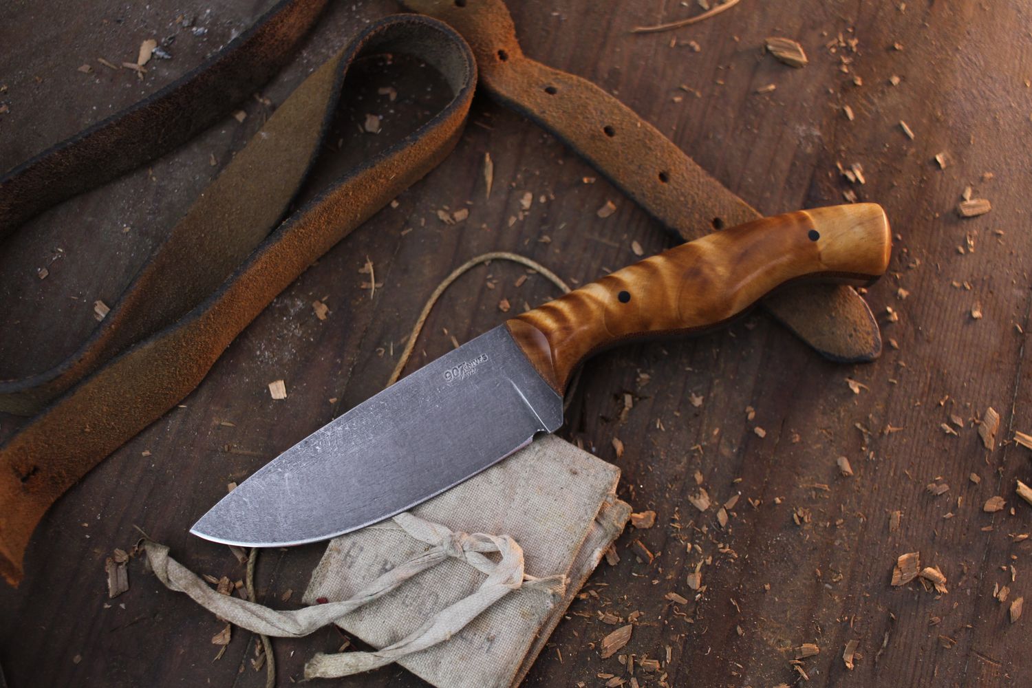 907Knives Musk Ox 3.5&quot; Skinner / Birdseye Maple / Stonewashed 80CRV2