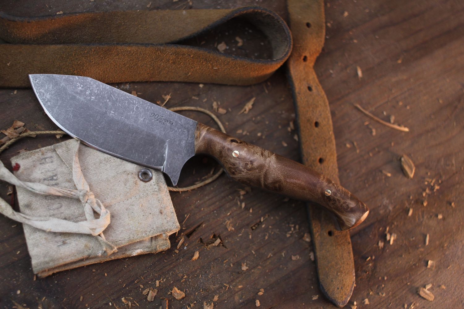 907Knives Kenai 3.25&quot; Drop Point Hunter / Alaskan Curly Birch / Stonewashed 80CRV2
