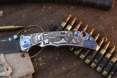 Spartan 2023 Edition Harsey 3.95&quot; Framelock Folder / Momento Mori Engraved Titanium / Black MagnaCut ( Pre Owned )