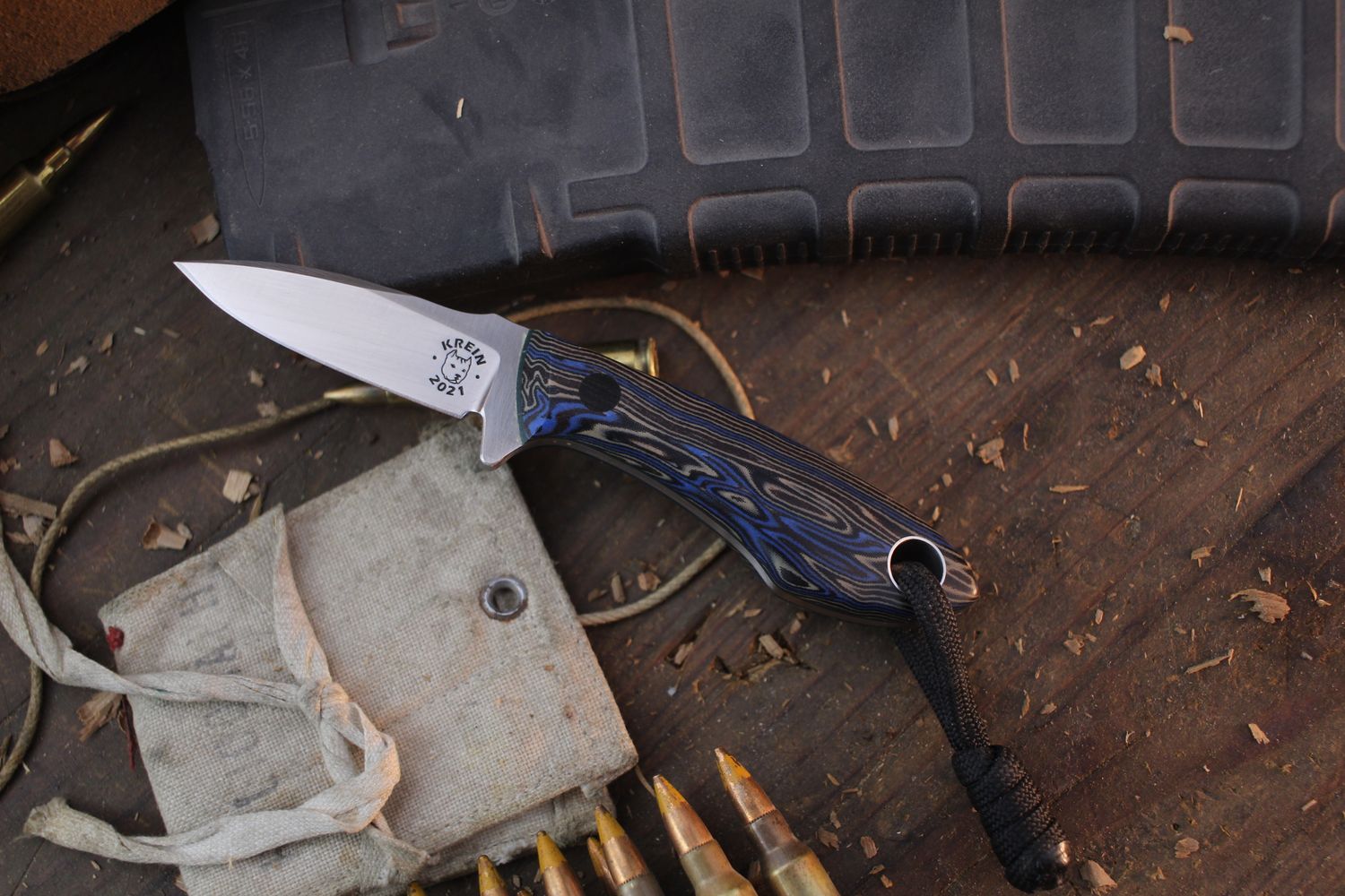 Tom Krein TK-1 2.25&quot; Fixed Blade Knife / Black &amp; Blue Gcarta / Satin Nitro-V ( Pre Owned )