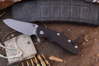 Hinderer Knives XM-18 Sheepsfoot  3.5 Framelock Flipper / Black G-10 &amp; Battle Blue Titanium / Working Finish S45VN