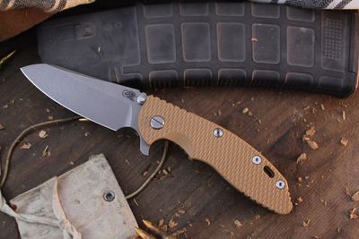Hinderer Knives XM-18 Sheepsfoot  3.5&quot; Framelock Flipper / Tan G-10 &amp; Battle Bronze Titanium / Working Finish S45VN