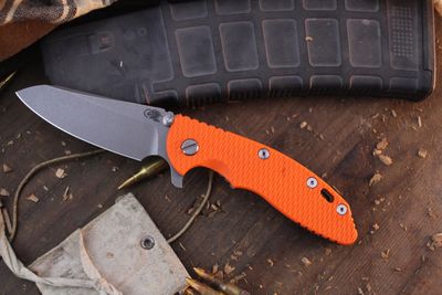 Hinderer Knives XM-18 Sheepsfoot  3.5&quot; Framelock Flipper / Orange G-10 &amp; Battle Bronze Titanium / Working Finish S45VN