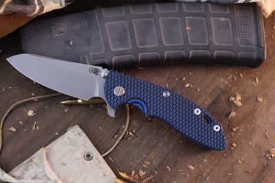 Hinderer Knives XM-18 Sheepsfoot  3.5&quot; Framelock Flipper / Black &amp; Blue G-10 &amp; Battle Blue Titanium / Working Finish S45VN
