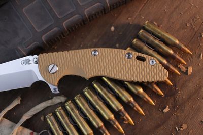 Hinderer XM-18 Skinny Harpoon Spanto 3.5" Framelock Flipper / Tan G-10 & Stonewashed Bronze Titanium / Stonewashed MagnaCut