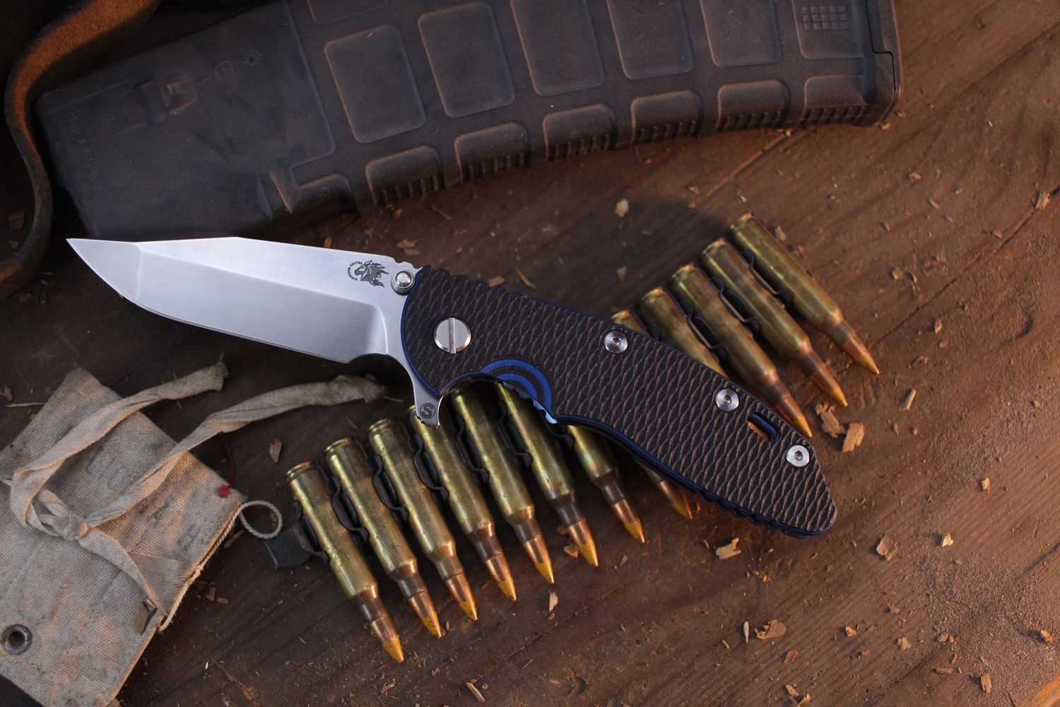 Hinderer XM-18 Skinny Harpoon Spanto 3.5&quot; Framelock Flipper / Black &amp; Blue G-10 With Blue Titanium / Stonewashed MagnaCut