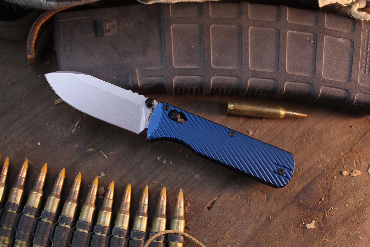 Vosteed Vombat Drop Point 2.9&quot; Crossbar Lock Folder / Steel Blue Aluminum / Stonewashed M390