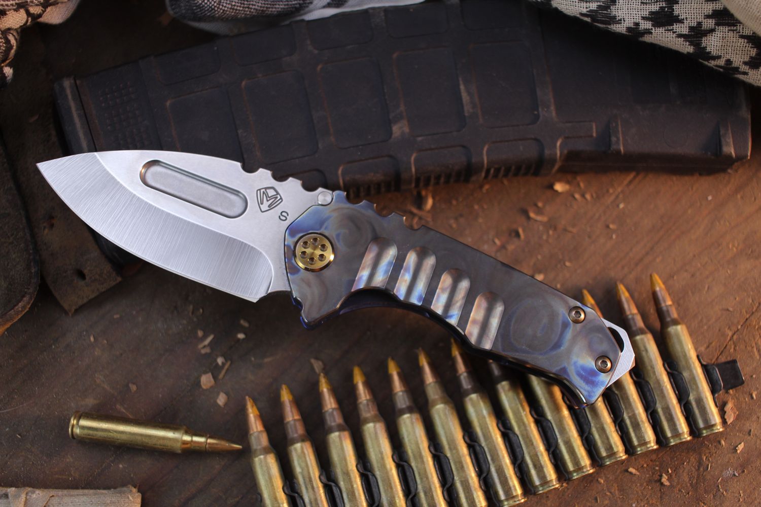 Medford Knife &amp; Tool (MKT) Praetorian T 3.75" Framelock Folder / Flamed Titanium / Satin S35VN ( Pre Owned )