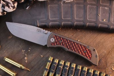 Mcnees Custom Knives Mac 2 3.5" Framelock Folder / Bronze Titanium With Black &amp; Red G-10 / Stonewashed Magnacut ( Pre Owned )