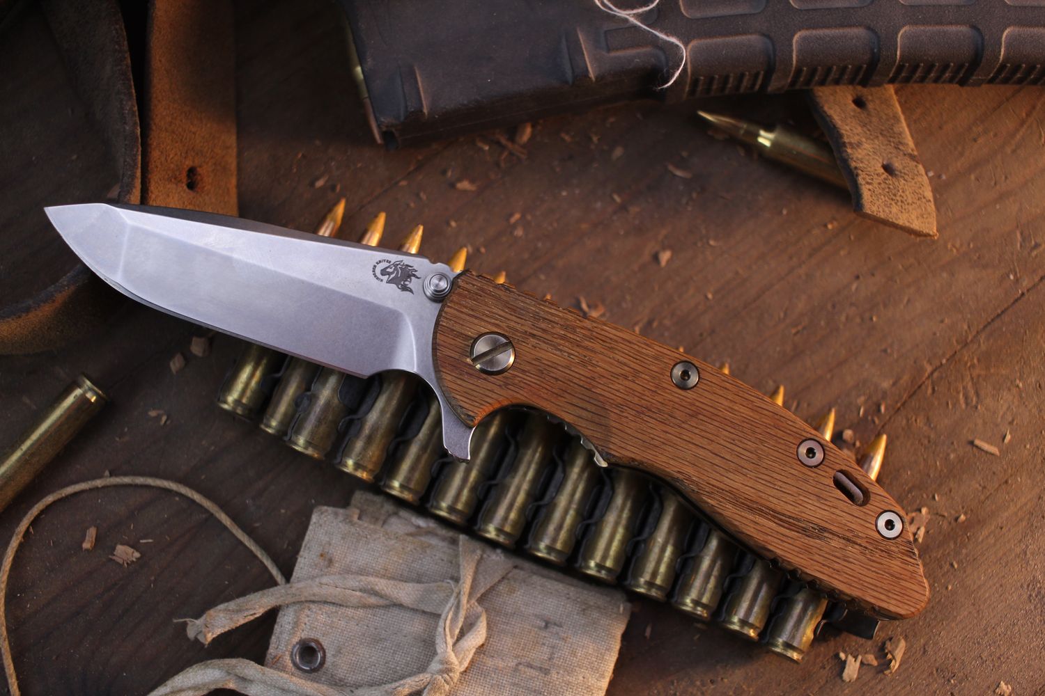 Hinderer XM-18 Spanto 3.5&quot; Framelock Flipper / Red Oak &amp; Stonewashed Bronze Titanium / Stonewashed S45VN ( Pre Owned )