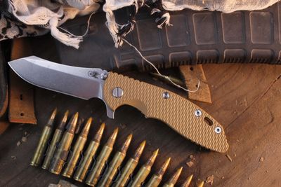Hinderer XM-18 3.5" Skinner Framelock Flipper / Tan G-10 &amp; Bronze Titanium / Stonewashed S45VN ( Pre Owned )