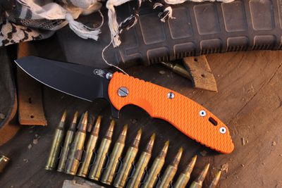 Hinderer Knives XM-18 Sheepsfoot  3.5" Framelock Flipper / Orange G-10 &amp; Battle Black Titanium / Battle Black S45VN
