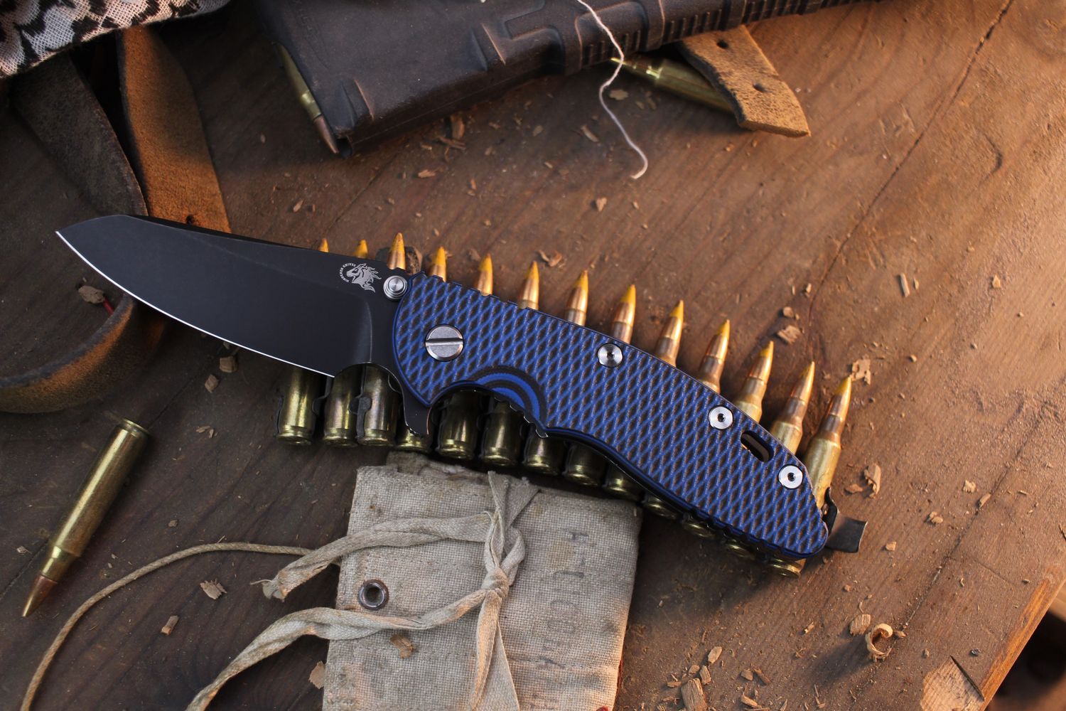 Hinderer Knives XM-18 Sheepsfoot  3.5&quot; Framelock Flipper / Black &amp; Blue G-10 With Battle Black Titanium / Battle Black S45VN