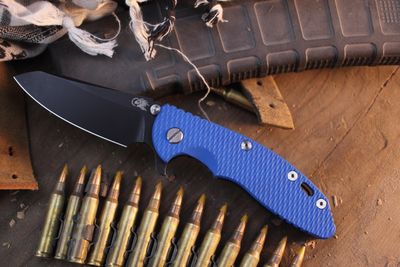 Hinderer Knives XM-18 Sheepsfoot  3.5" Framelock Flipper / Blue G-10 &amp; Battle Black Titanium / Battle Black S45VN
