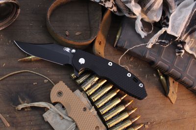 Hinderer XM-18 Bowie 3.5" Framelock Flipper / Black G-10 &amp; Battle Black Titanium / Battle Black MagnaCut ( Pre Owned )