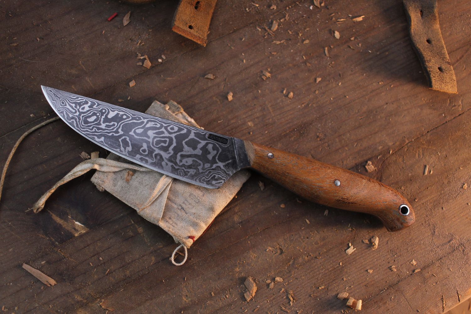 Mark Couch Large 4.75” Utility Knife / Black Mesquite / Alaskan Forged Damascus