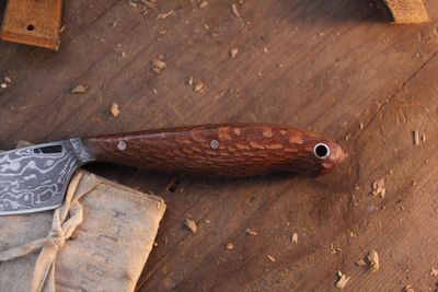 Mark Couch Medium 3.5” Trailing Point Hunter / Lacewood / Alaskan Forged Damascus