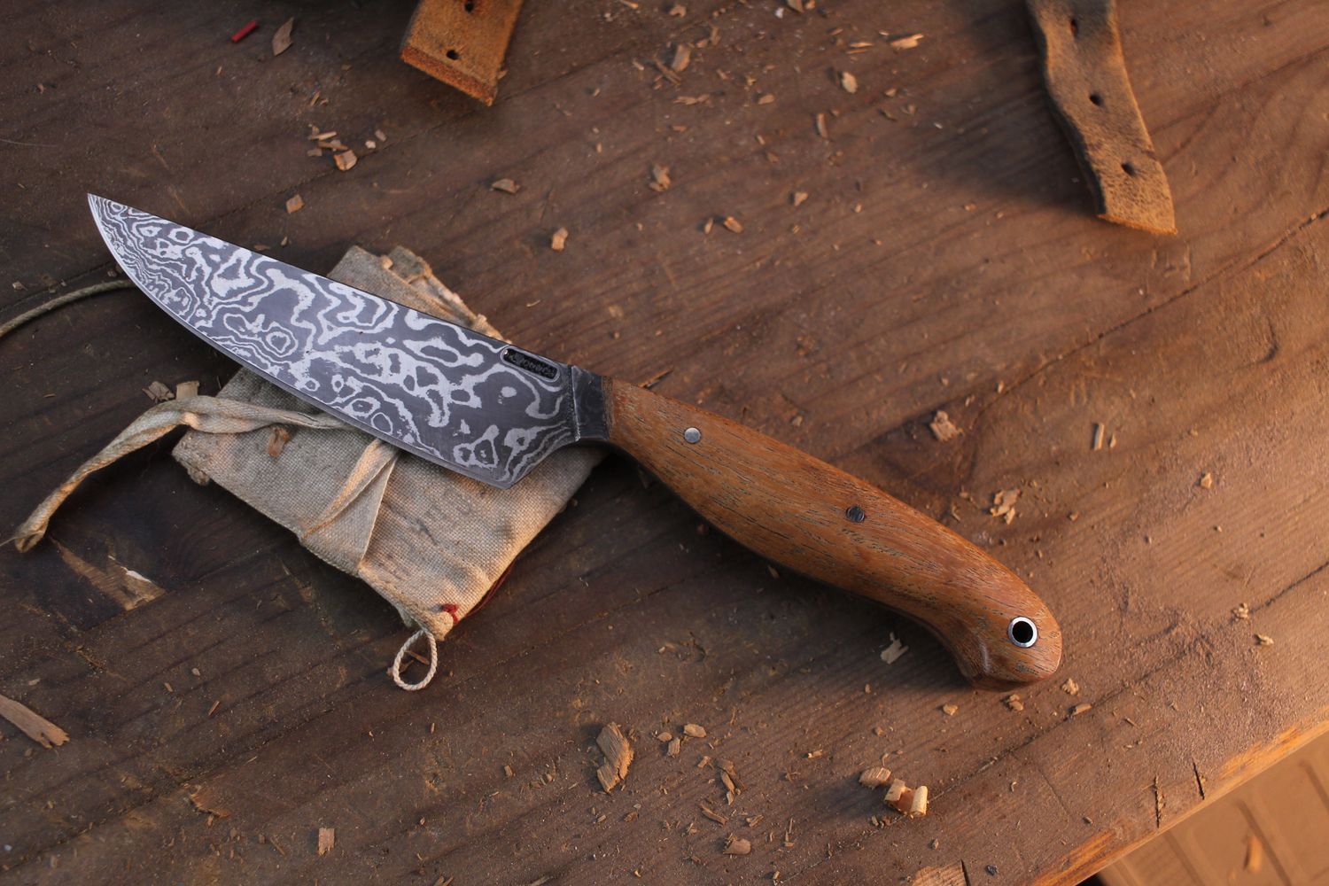 Mark Couch Large 4.5” Utility Knife / Black Mesquite / Alaskan Forged Damascus