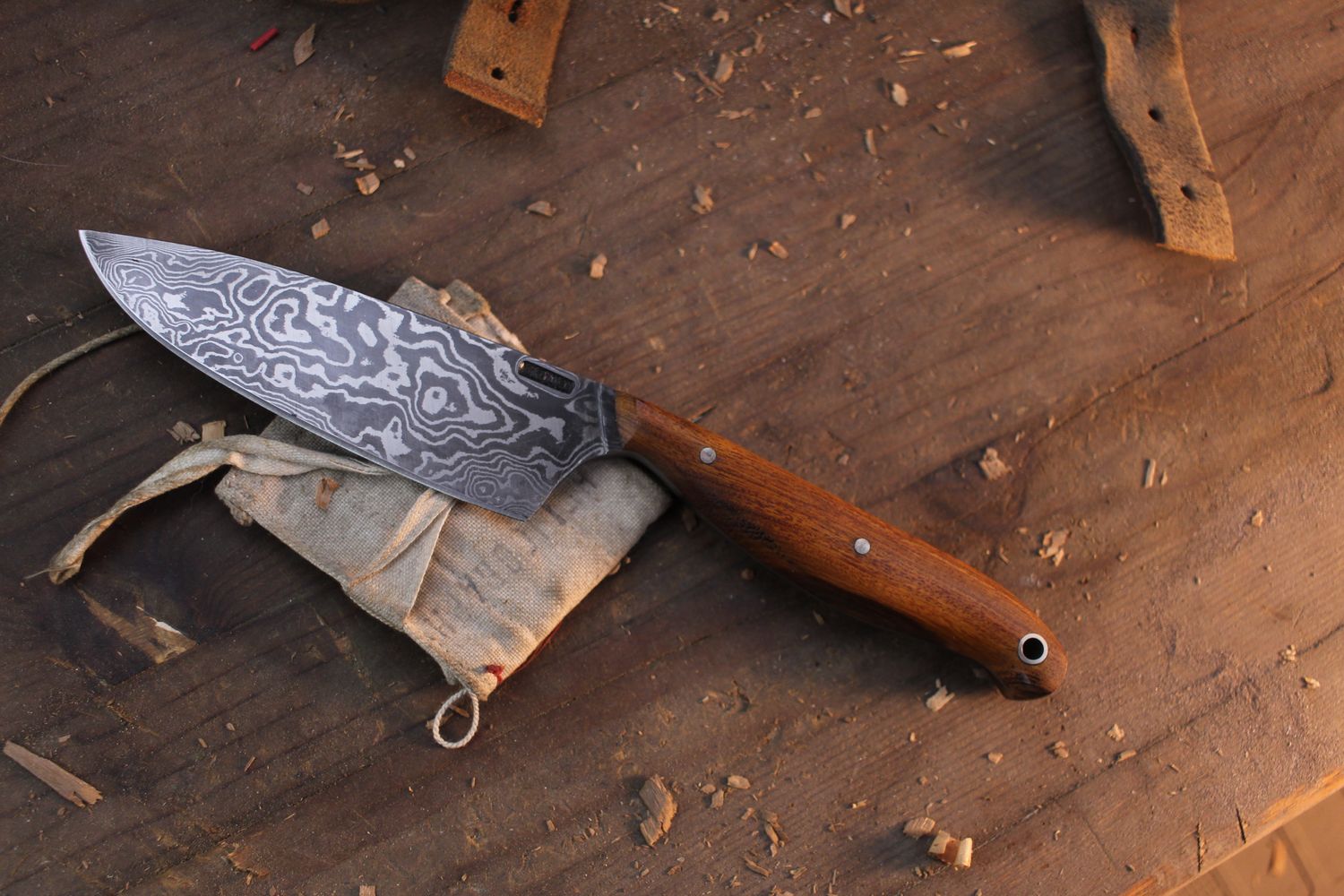 Mark Couch Large 4.5” Drop Point Hunter / Ironwood / Alaskan Forged Damascus
