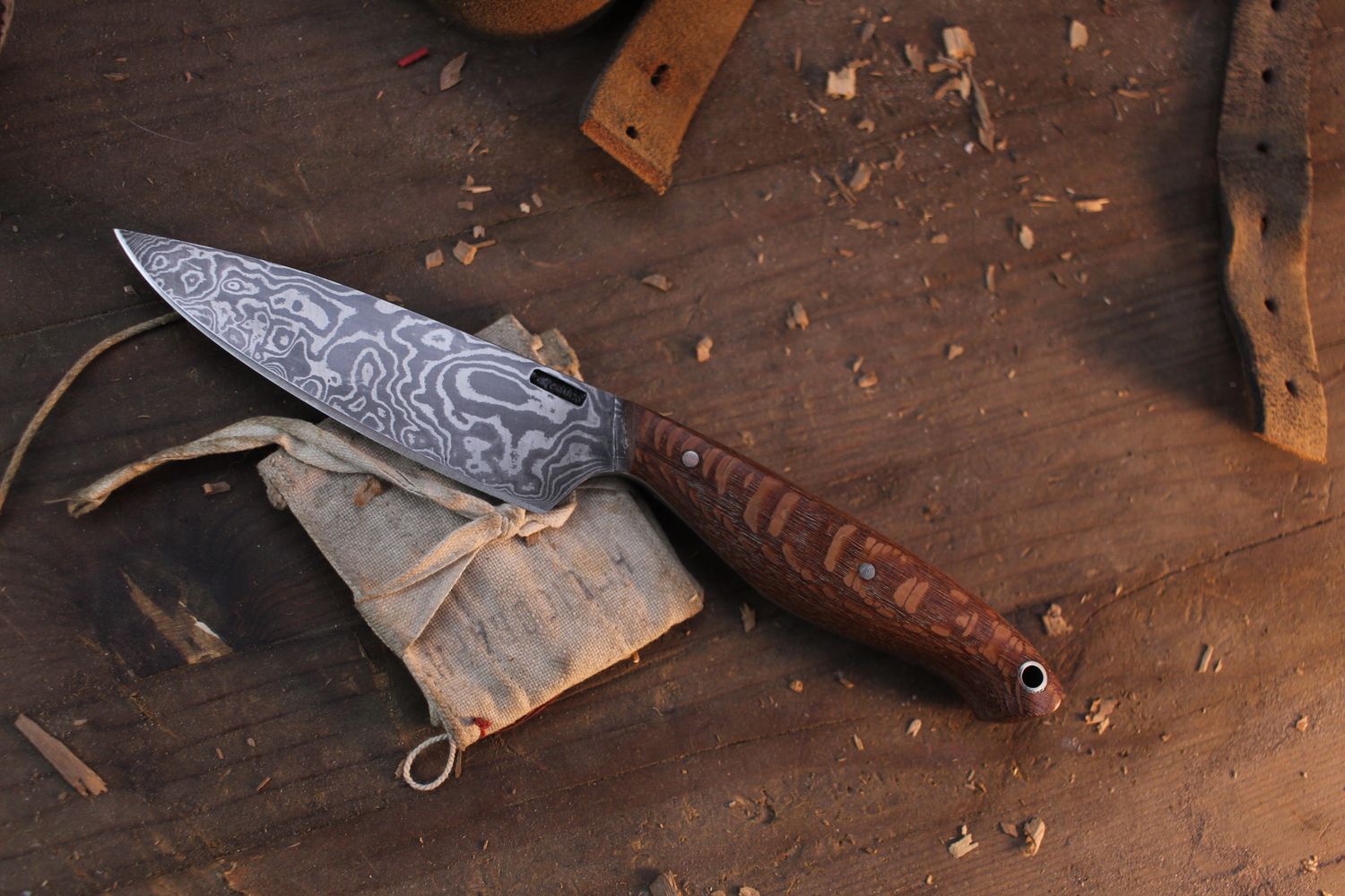 Mark Couch Large 4.25” Drop Point Hunter / Lacewood / Alaskan Forged Damascus